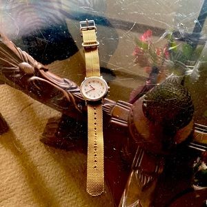 Timex stainless steel quartz watch with white face Arabic numerals and indiglo.